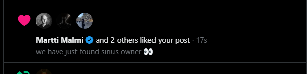 A Twitter/X notification shows that Martti Malmi (with a blue verification checkmark) and 2 others liked a post reading "we have just found sirius owner 👀", connecting to the claim that the post's author discovered and forwarded fees to the original Sirius Bitcoin developer's GitHub.