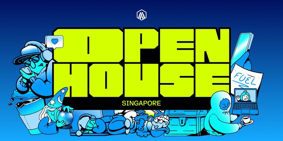 A vibrant 'OPEN HOUSE SINGAPORE' promotional graphic with cartoon characters in blue and neon yellow design.