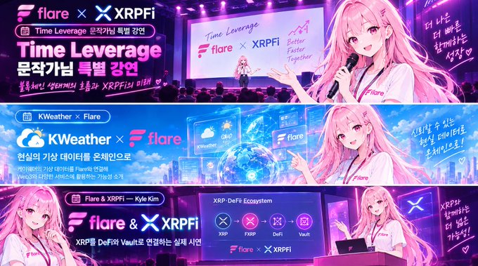 A promotional banner for Flare and XRPFi featuring an anime-style character with pink hair presenting 'Time Leverage' and 'KWeather' announcements, alongside an 'XRP-DeFi Ecosystem' diagram with a 'Flare & XRPFi — Kyle Kim' label.