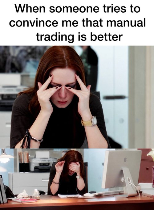 The image shows a woman sitting at her desk with her head resting on her hand, appearing stressed or overwhelmed by the idea of manual trading being better than using a computer program for trading. The caption suggests that she might be trying to avoid looking like this after another conversation about manual trading methods.
