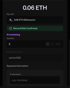 A cryptocurrency checkout screen displaying a payment of '0.06 ETH' (Ethereum), showing a 'Discord Role Confirmed' status, 41 remaining quantity, Discord username 'sarkar069', and an X.Username field.
