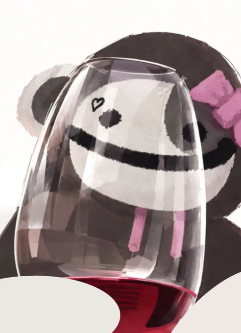 An artistic rendering of a clear wine glass with a painted cartoon panda face featuring a pink bow, with red wine filling the bowl of the glass.