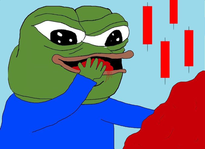 A cartoon Pepe the Frog character in a blue shirt eating red food, with red candlestick chart bars in the background indicating a stock market crash.
