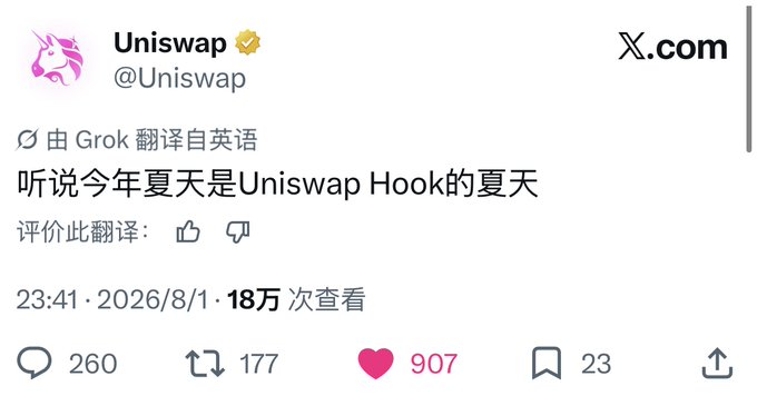 A screenshot of a tweet from Uniswap's verified account (@Uniswap) that reads '听说今年夏天是Uniswap Hook的夏天', translated by Grok, showing 260 replies, 177 retweets, and 907 likes.