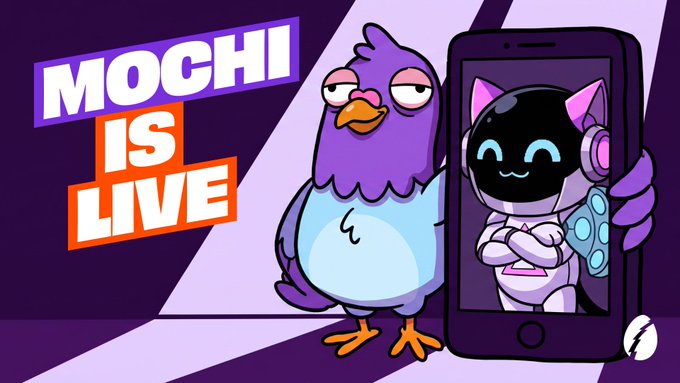 A cartoon purple pigeon labeled "MOCHI IS LIVE" holds a smartphone displaying a black cat with pink headphones, promoting the GenLayer Telegram agent campaign on Rally.fun.