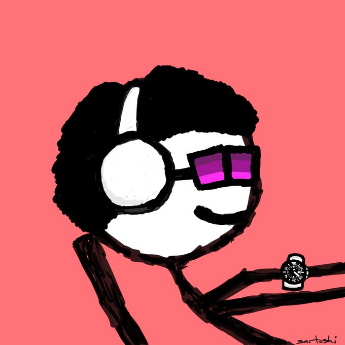A digital illustration of a stylized character with an afro, wearing large headphones, purple-tinted sunglasses, and a watch, set against a solid pink background.
