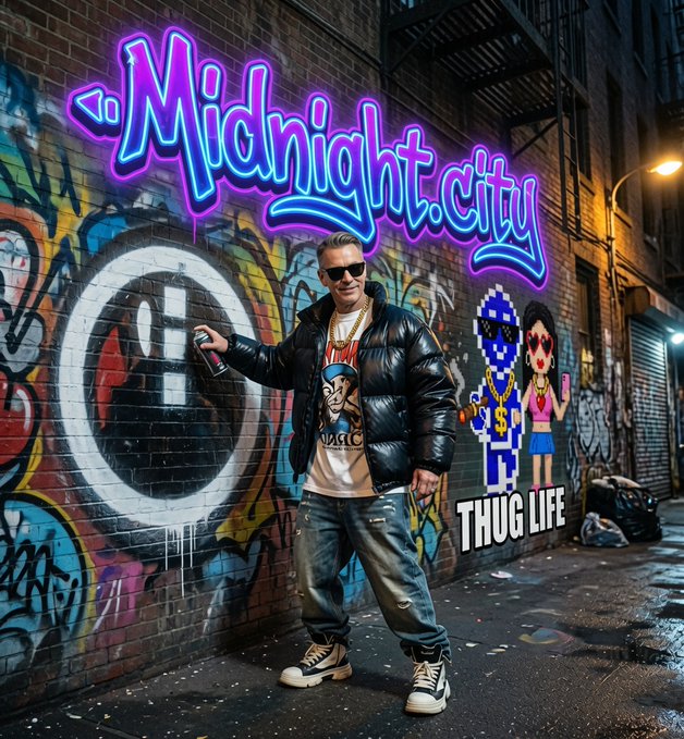 AI-generated street art style image featuring a man in a black puffer jacket and sunglasses holding a spray can in front of graffiti that reads 'Midnight.city' and 'THUG LIFE', with pixel art characters beside him.
