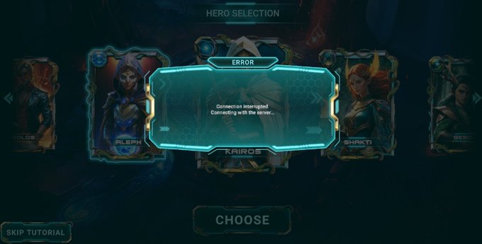 A "Hero Selection" screen from the game shows character cards including "Kairos," "Aleph," and "Shakti," but a prominent cyan error pop-up disrupts the interface, displaying the message "Connection interrupted. Connecting with the server..." This illustrates the user's complaint about repeated connection failures when trying to play the game.