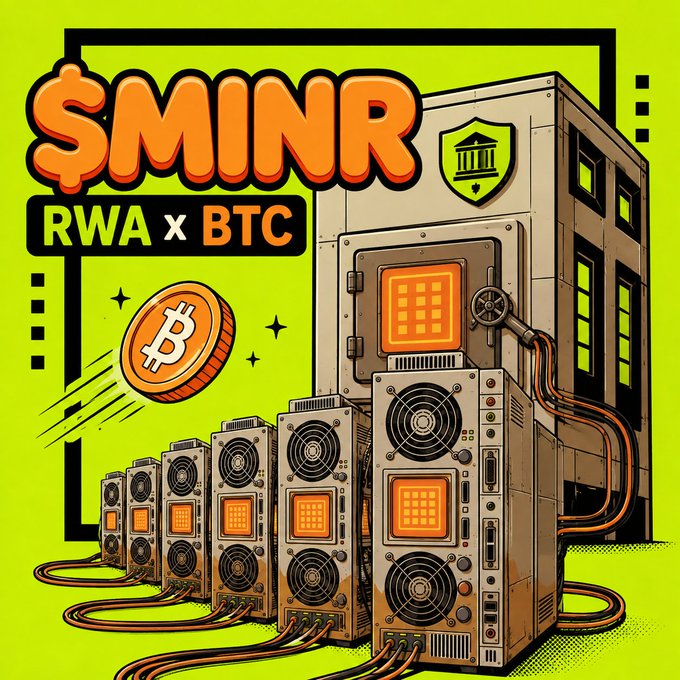 A vibrant yellow and orange promotional graphic featuring '$MINR' with text 'RWA x BTC', showing a Bitcoin coin and mining hardware rigs next to a secure vault-like building.