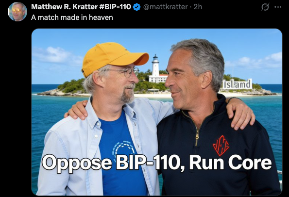 A social media post by Matthew R. Kratter (@mattkratter) shows two men embracing in front of a tropical island with a lighthouse, captioned "A match made in heaven" and labeled "Oppose BIP-110, Run Core"—mocking Bitcoin Core supporters by framing their opposition to BIP-110 as an absurd pairing. The image humorously illustrates the post's point that such visual rhetoric reflects the type of weak, non-technical arguments made by those losing a debate.