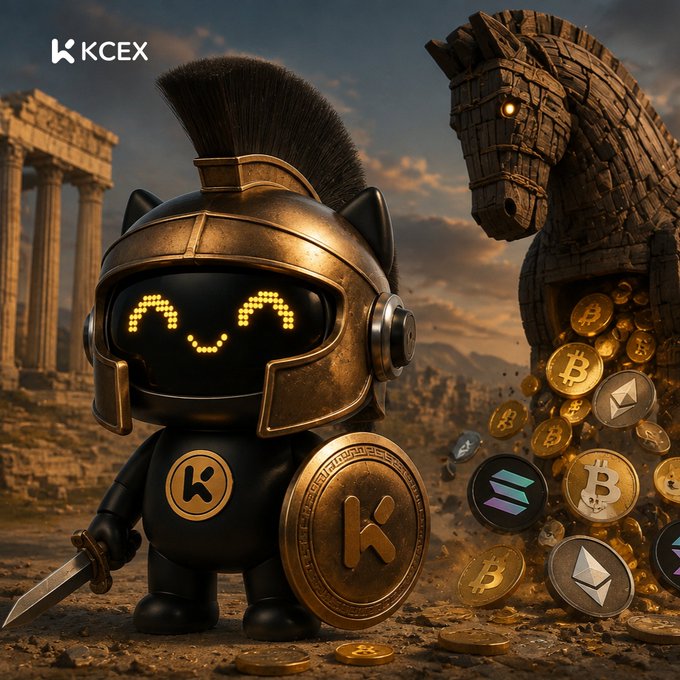 A promotional image for KCEX featuring a spartan-helmeted cartoon robot character with a shield and sword, standing before a Trojan horse filled with various cryptocurrency coins including Bitcoin and Ethereum.