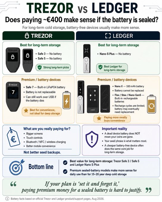An infographic titled "TREZOR vs LEDGER" comparing cold storage hardware wallets, highlighting that battery-free models (Trezor Safe 3/5, Ledger Nano S Plus) are best for long-term deep storage of 15-20 years, while premium battery models offer convenience but sealed batteries can fail.