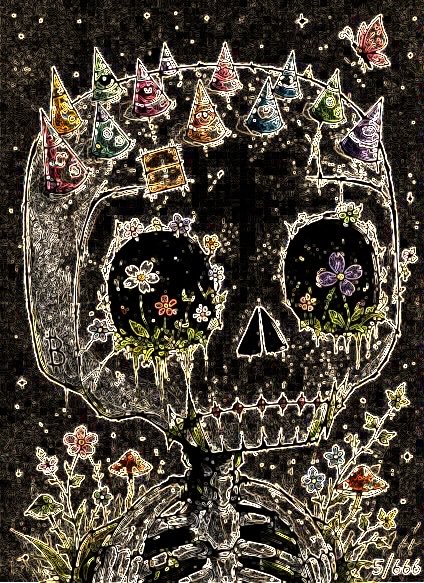 A colorful sugar skull illustration adorned with a festive crown of party hats and butterflies, featuring floral motifs in its eye sockets and signed "5/666" in the bottom right corner, evokes the ornate, collectible aesthetic often seen in Bitcoin Ordinals digital art. The Day of the Dead-inspired skull with its intricate, decorative style reflects the unique and culturally rich artwork that can be minted as Ordinals on the Bitcoin blockchain.