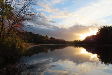 A scenic sunset over a calm lake, with golden light reflecting off the water and silhouetted trees along the shore.