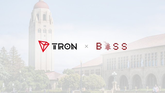 A faded background image of a university building featuring logos for 'TRON' and 'BOSS' with a red diamond icon and a tree icon between them.
