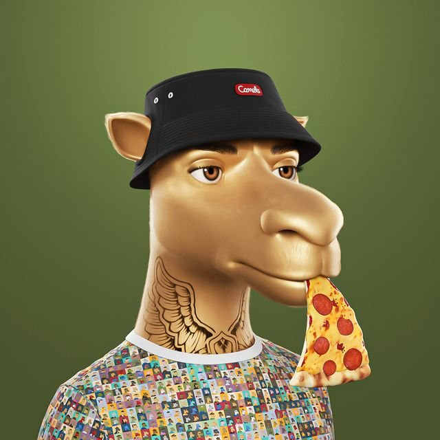 A 3D-rendered anthropomorphic camel wearing a black Supreme bucket hat and a colorful patterned shirt eats a slice of pepperoni pizza against a green background.
