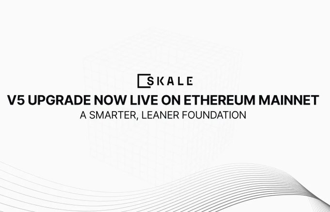 A Skale promotional banner reading "V5 UPGRADE NOW LIVE ON ETHEREUM MAINNET" with the tagline "A SMARTER, LEANER FOUNDATION" against a white background.