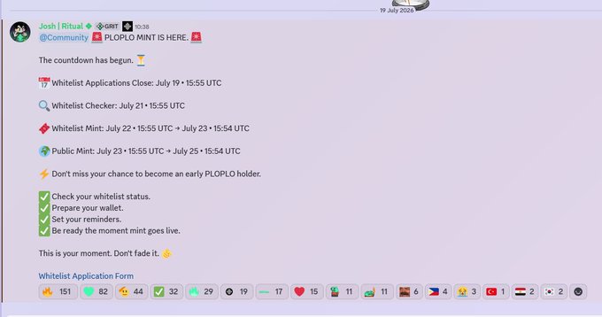 Discord announcement for PLOPLO MINT with a countdown schedule: whitelist applications close July 19 at 15:55 UTC, whitelist check July 21, whitelist mint July 22-23, public mint July 23-25, with a link to the whitelist application form.