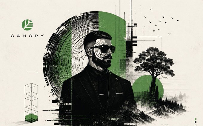 A stylized graphic featuring a man with sunglasses in a suit, alongside the 'CANOPY' logo, with green and black artistic elements including a tree and geometric shapes.