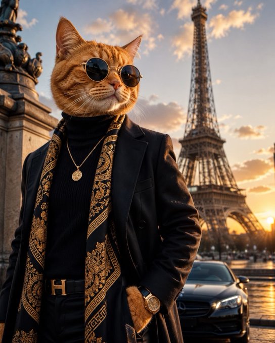 A digitally composited image of an orange tabby cat with round sunglasses and a gold medallion, wearing a black turtleneck and ornate gold-patterned scarf, posed in front of the Eiffel Tower at sunset.