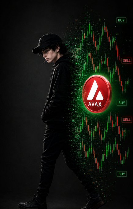 The image features a person wearing a black hat and jacket walking past a poster with a red circle containing the letters "AVAX" surrounded by green lines, which appears to be promoting an investment opportunity or cryptocurrency. The poster also includes various buttons that say "buy", "sell", and "bargain". The focus of the image is on the person in black clothing, who seems to be walking past a poster with a red circle containing the letters "AVAX" surrounded by green lines.
