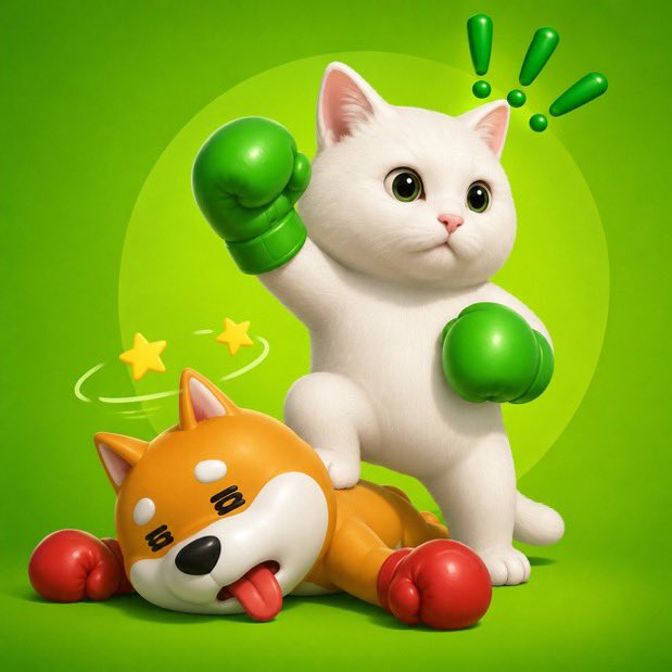 A victorious white cat wearing green boxing gloves triumphantly stands over a knocked-out orange dog with red gloves and stars circling its head, against a bright green background. The image humorously illustrates the post's theme of winners versus losers in crypto, with the standing cat representing those who succeed while the dazed dog represents those stuck trading Bonk tokens on Robinhood Chain.