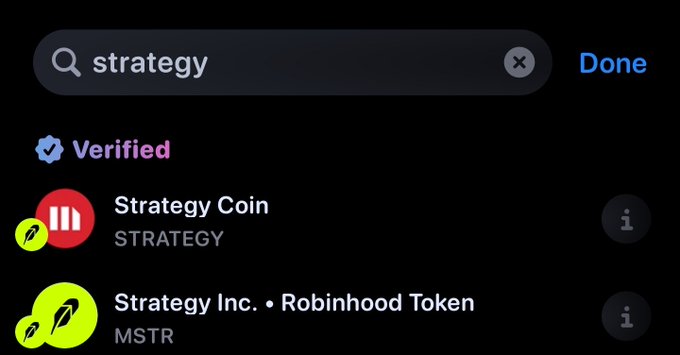 The image shows a search results screen on the Rainbow wallet app (rainbow.me) displaying two results for "strategy": "Strategy Coin" (STRATEGY) marked as Verified, and "Strategy Inc. • Robinhood Token" (MSTR). This relates to the post's joke about Rainbow "understanding the Strategy ₿," as the search term "strategy" returns the actual MicroStrategy-related tokens (STRATEGY and MSTR) rather than showing Bitcoin (₿), playing on the known rebranding of MicroStrategy to Strategy.
