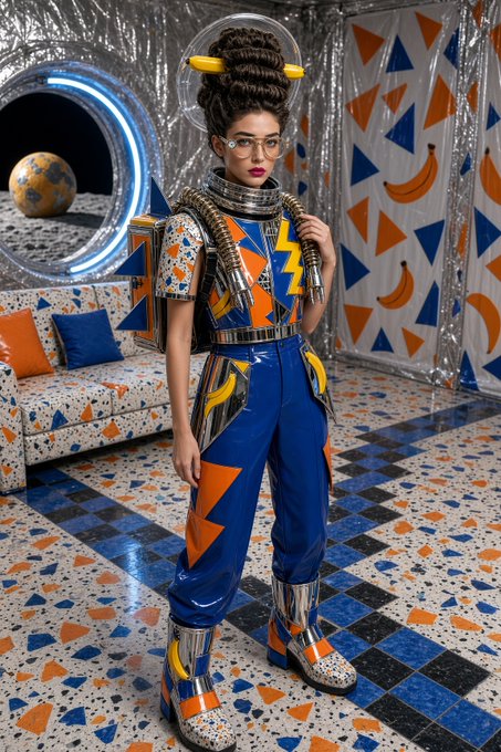 A model in an avant-garde outfit featuring a space helmet, silver shoulder armor with yellow horns, a blue and orange patterned top, glossy blue pants with orange triangle accents, and matching silver and orange boots, posed in a room with terrazzo flooring and banana-patterned walls.