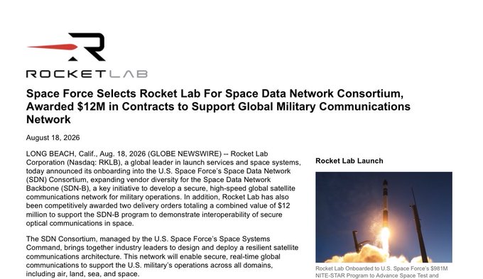 A Rocket Lab (RKLB) press release dated August 18, 2026, announces the company was selected for the U.S. Space Force's Space Data Network Consortium and awarded $12 million in contracts to support global military satellite communications. The image features a photo of a Rocket Lab launch, reinforcing the "Another $RKLB win!" sentiment with details on the SDN-B backbone initiative.