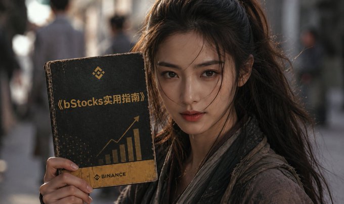 A young woman in traditional attire holds a weathered book titled "《bStocks实用指南》" featuring a Binance logo and upward-trending bar chart, visually symbolizing a guide to Binance's new bStocks product. The image reflects the post's reframe of bStocks as more than a simple buy-and-hold investment, presenting them instead as a structured, knowledge-based financial tool.