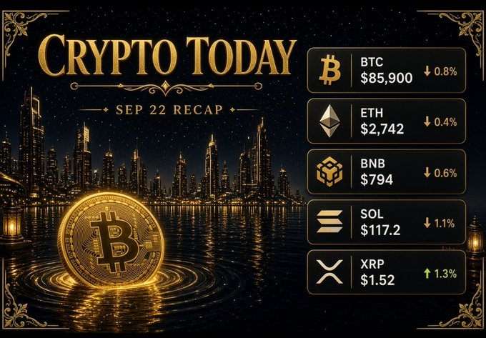 A "Crypto Today – Sep 22 Recap" graphic displays a golden Bitcoin coin against a nighttime cityscape, with a price ticker showing BTC at $85,900 (down 0.8%), ETH at $2,742 (down 0.4%), BNB at $794 (down 0.6%), SOL at $117.2 (down 1.1%), and XRP at $1.52 (up 1.3%). The image visually reinforces the recap's message of a post-rally cooldown, as most major tokens show declines from Monday's gains despite BTC's earlier ETF-driven spike to $87.3k.