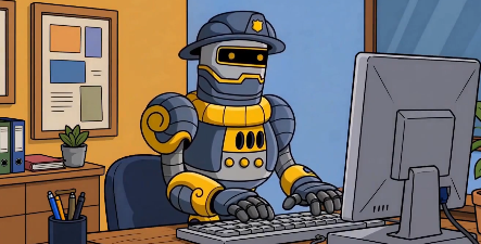 A robot wearing a detective-style hat types on a keyboard in an office setting, visually representing the careful vetting and review process behind the wallet submission platform being promoted. The scene reinforces the post's emphasis on "being picky about who sits at the table" and the meticulous screening of submissions by the project.