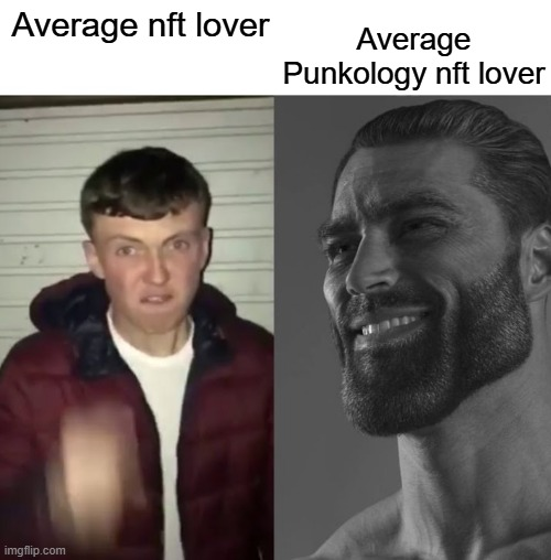 A 'Gigachad' meme comparing the 'Average nft lover' (a mugshot of a man in a red jacket) to the 'Average Punkology nft lover' (an idealized black-and-white portrait of a bearded man).