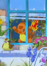 The image features a cartoon scene of a small orange dragon with flames coming out of its mouth, standing behind a window. The window has blue blinds that match the color of the sky outside. There are also two birds sitting on a ledge near the window. In the background, there is a chair and some flowers. The post includes an interesting statement about Bitcoin and the future of space exploration, which seems to be unrelated to the cartoon scene but adds context to the image.