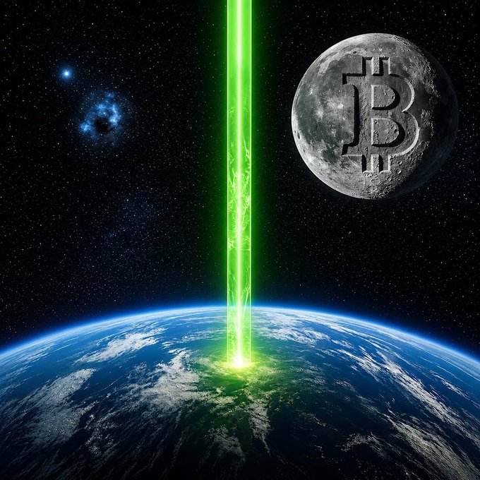 The image depicts a green laser beam shooting from space onto Earth, with a Bitcoin "B" symbol carved into a moon labeled "B" against a starry background. This visually represents the post's "moonish" Friday mood celebrating Bitcoin (BTC) reaching $80K, using the "to the moon" crypto phrase as a literal scene.
