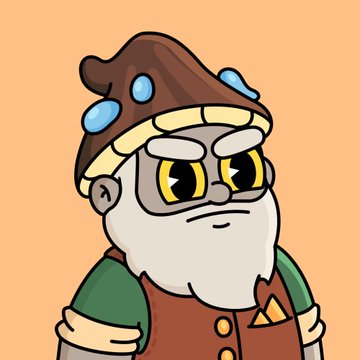 An illustration of a character with a large white beard and glasses, wearing a brown mushroom-shaped hat and a brown tunic with green sleeves, set against an orange background.
