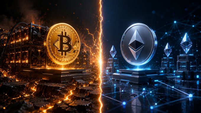 A stylized digital artwork split by lightning, showing a golden Bitcoin coin on the left with fiery mining rigs and a silver Ethereum coin on the right with blue blockchain nodes.