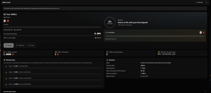 A dark-themed DRRL bank web interface dashboard showing account balances, deposit and withdrawal options, cleared funds, and planned loans.
