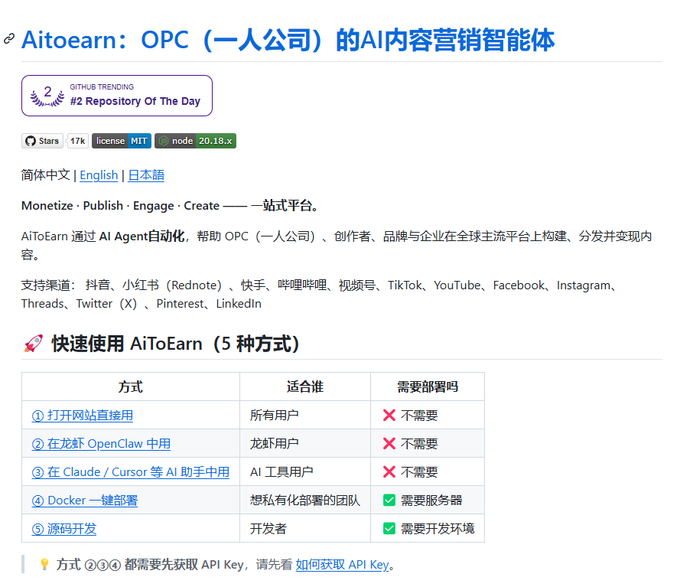 The image shows a computer screen displaying a webpage with Chinese characters, including English text that provides information about an AI platform called "AiToearn". The webpage also includes a list of available tools for learning Chinese, such as a chatbot, a language learning app, and a video tutorial. The post is titled "真正能让你躺赚的AI内容营销智能体 一人公司真的来了，在github上热度也非常高", which suggests that the post is about promoting and sharing an AI platform.