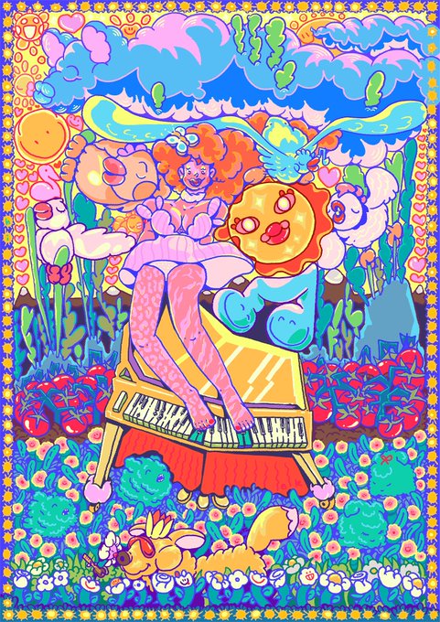 A vibrant, psychedelic digital illustration featuring a girl with curly orange hair sitting on a piano, surrounded by smiling sun characters, cherries, flowers, and a small rabbit in a colorful dreamy landscape.
