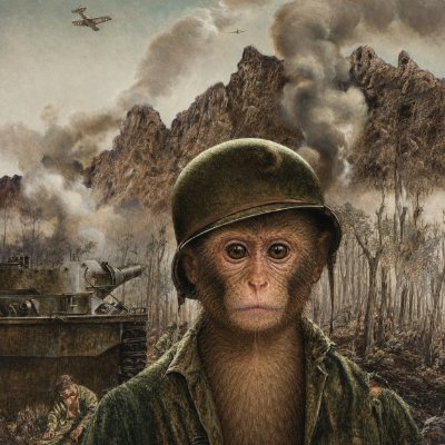 A surreal digital artwork depicting a monkey wearing a military helmet and uniform in a war-torn landscape with a tank and plane visible in the background.