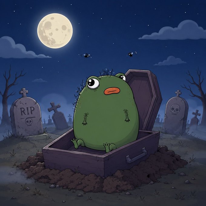 A cartoon green creature with an orange mouth sits inside an open coffin in a spooky graveyard under a full moon, with tombstones reading "RIP" and skull-and-crossbones visible. The eerie scene humorously fits the post's invitation to "get in the GC," with the creature appearing hesitantly compliant—much like someone reluctantly entering a group chat they probably shouldn't.