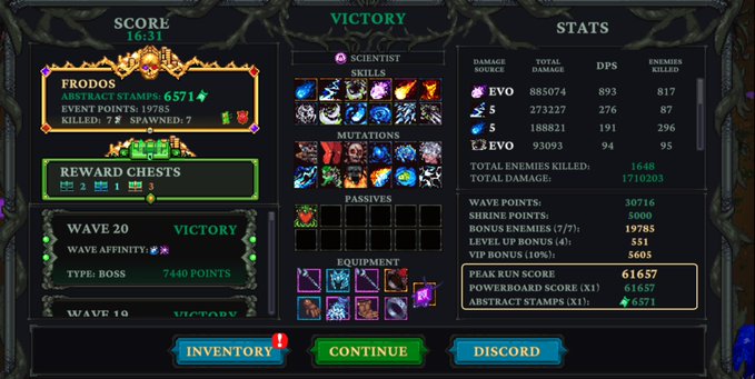 A video game victory screen displays stats for a 'Scientist' character named FRODOS, showing a score of 16:31, 6,571 abstract stamps, wave 20 victory, and various damage and enemy statistics.
