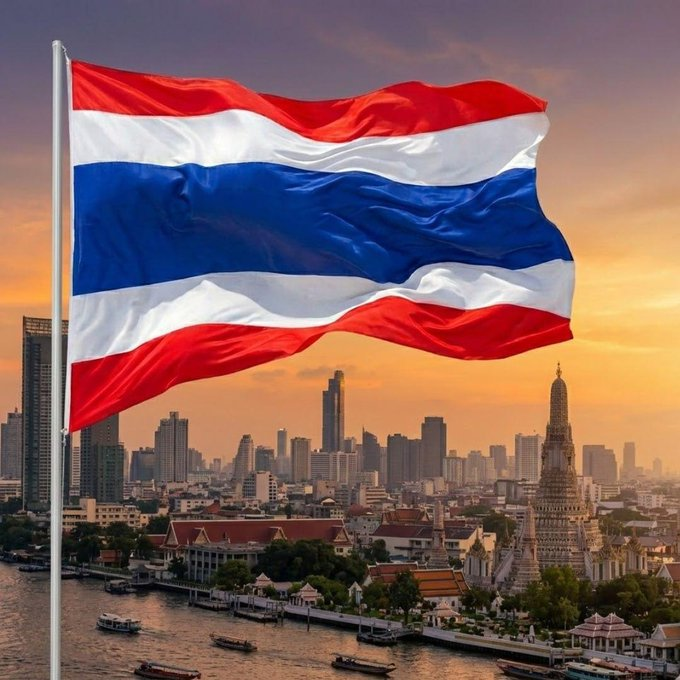 The Thai flag waves against a sunset backdrop featuring Bangkok's skyline and the iconic Wat Arun temple by the Chao Phraya River, visually anchoring the news that Thailand's SEC is consulting on draft rules for local spot Bitcoin and Ether ETFs.