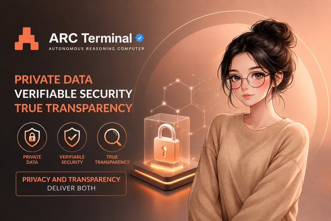 Promotional graphic for 'ARC Terminal — Autonomous Reasoning Computer' featuring a woman with glasses and a bun, with text 'Private Data, Verifiable Security, True Transparency' and a glowing padlock icon.