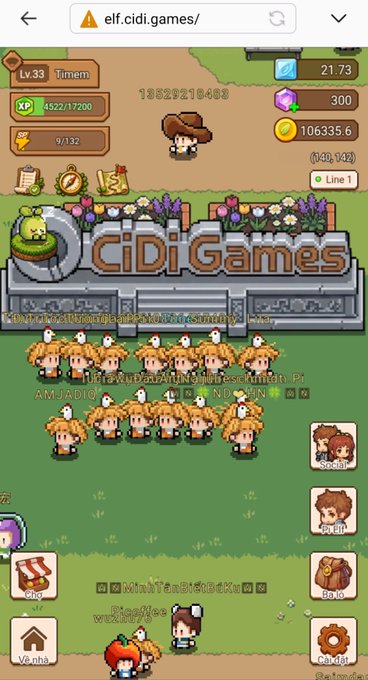 A mobile game screen titled 'CiDi Games' displays multiple pixel-art character sprites arranged on grass with a stone sign, showing player stats and resources at the top.