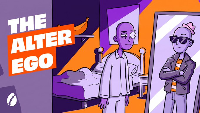 A thumbnail-style illustration titled 'THE ALTER EGO' showing a purple-skinned character looking in a mirror at a cooler reflection wearing sunglasses and a hat.