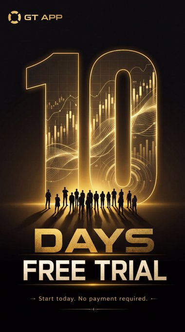 A glowing golden "10" filled with financial charts towers over silhouettes of people, with bold text reading "DAYS FREE TRIAL — Start today. No payment required." alongside the GT APP logo. The dramatic design visually reinforces the promotional offer of 10 days of full, no-cost access to the platform's trading tools.