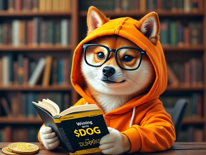 An AI-generated image of a Shiba Inu dog wearing glasses and an orange hoodie, reading a book titled 'Wining with $DOG for DUMMIES'.