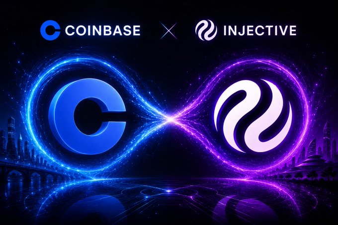 The image features a purple, blue, and white looped letter "C" surrounded by an explosion of colorful lights, creating an eye-catching display. The text "coinbase x injective" appears at the bottom of the image, possibly indicating the partnership between coinbase and injective during the major exchange update.